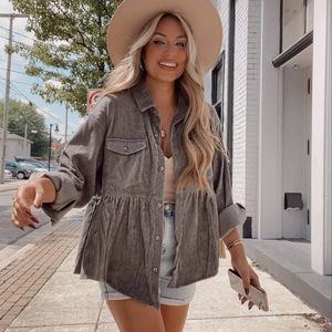 Charcoal Corduroy Peplum Button-Up Top